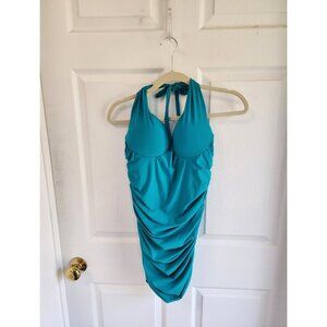 Natori Turquoise Underwire Ruched One Piece Bathing Suit Swim Size 10 Cup CD EUC